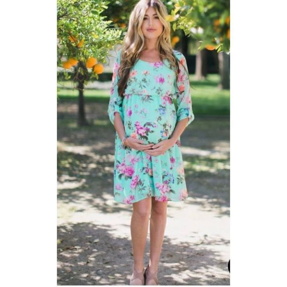 PinkBlush Mint Floral Chiffon Maternity Dress Size Small New